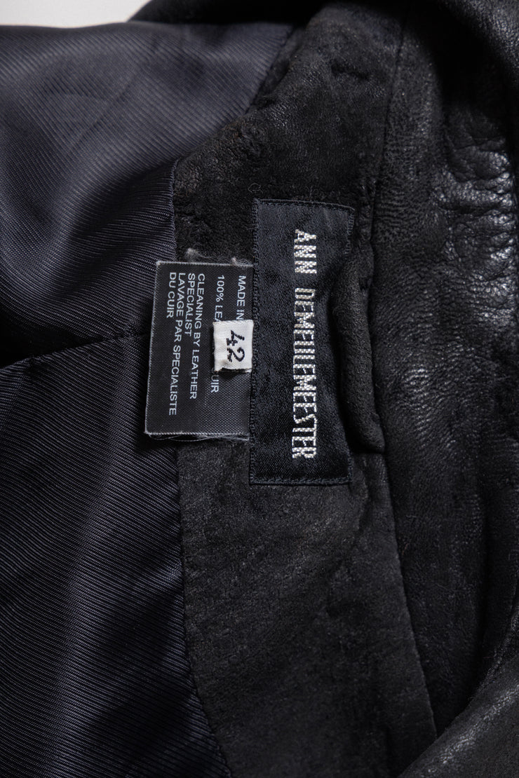 ANN DEMEULEMEESTER - FW02 Long textured leather coat with leather straps