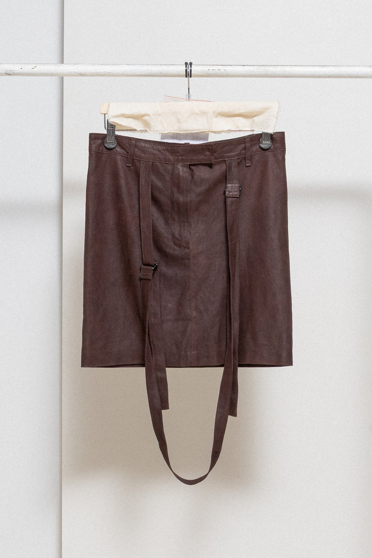 ANN DEMEULEMEESTER - FW03 Brown leather skirt with adjustable strap