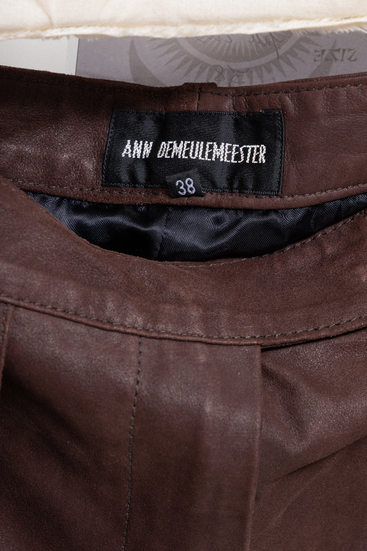 ANN DEMEULEMEESTER - FW03 Brown leather skirt with adjustable strap