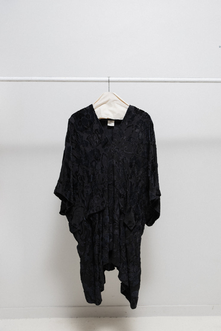 ANN DEMEULEMEESTER - FW94 Cotton blend wide tunic dress with flap pockets and floral velvet pattern