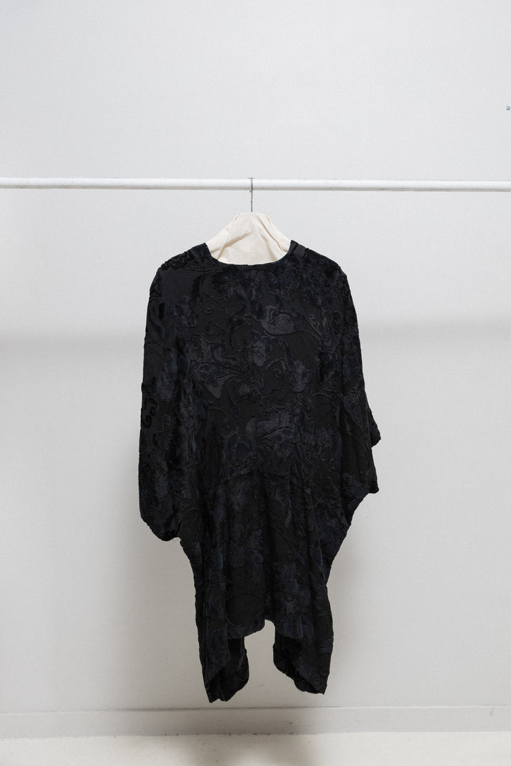 ANN DEMEULEMEESTER - FW94 Cotton blend wide tunic dress with flap pockets and floral velvet pattern