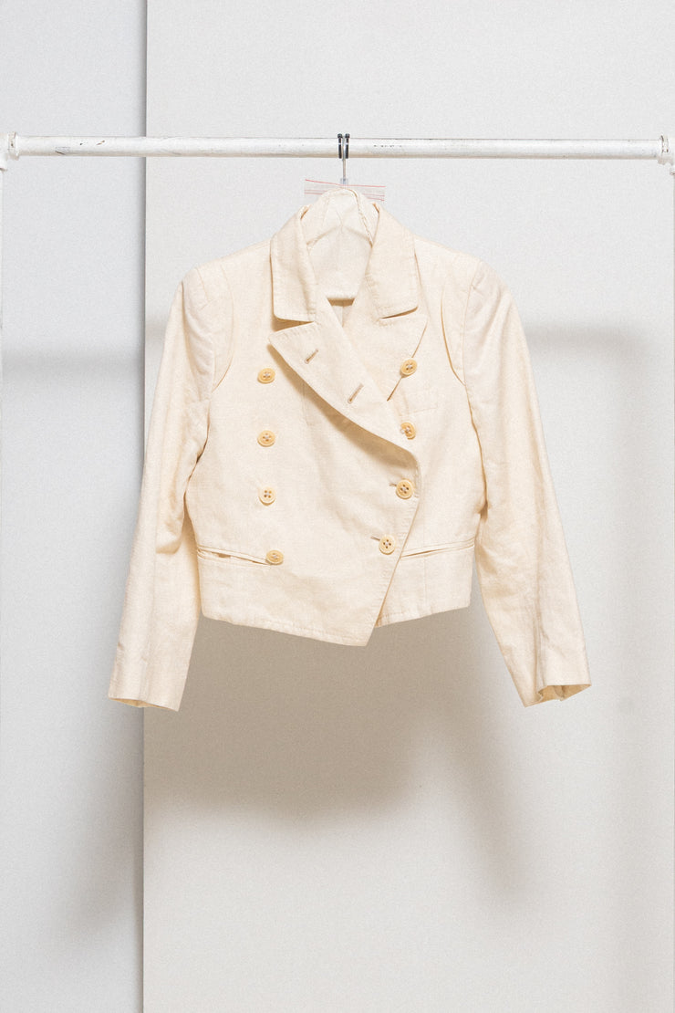 ANN DEMEULEMEESTER - Cotton + linen double breasted cream cropped jacket