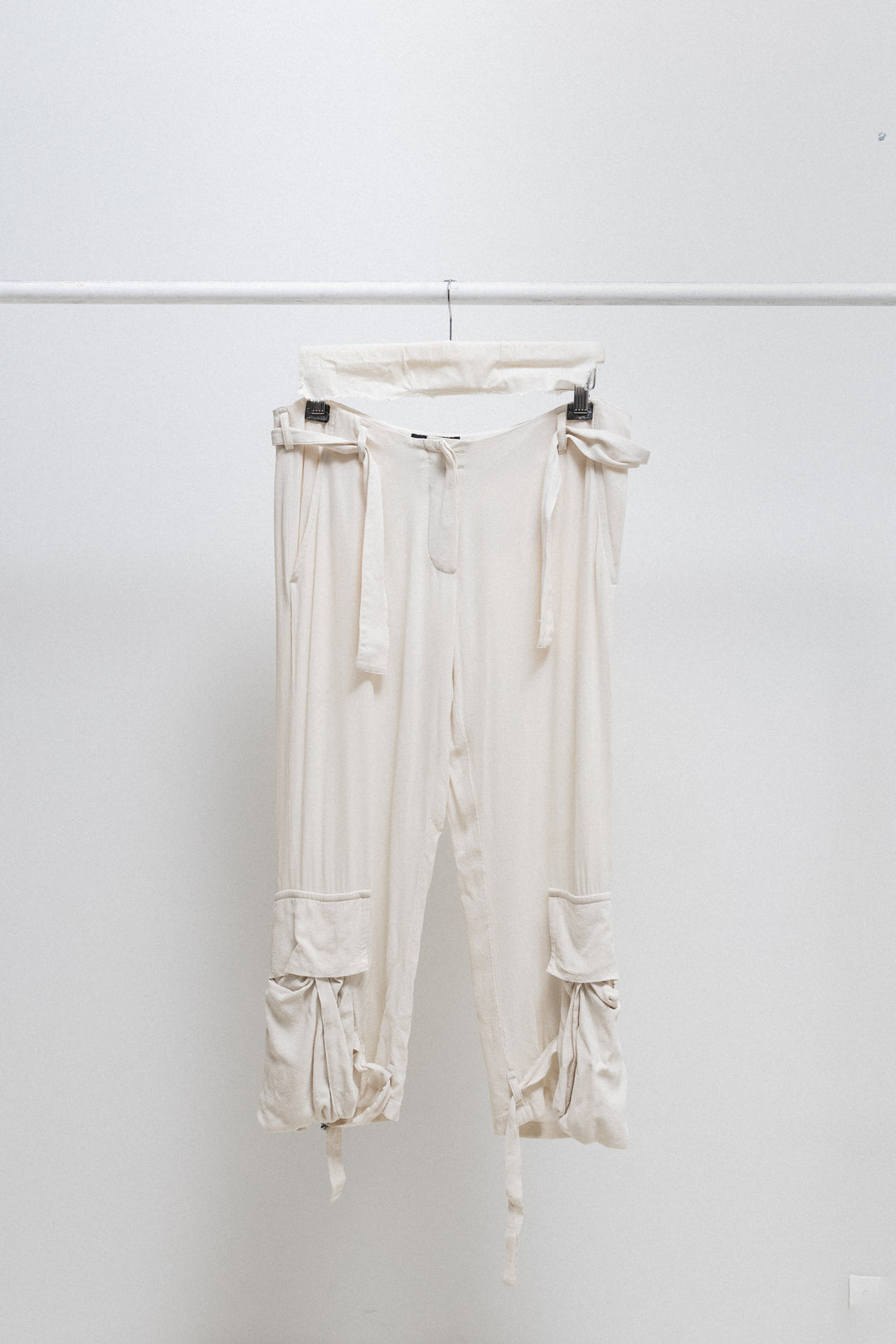 ANN DEMEULEMEESTER - SS04 Cream silk cropped pants with parachute
