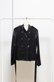 ANN DEMEULEMEESTER - SS02 Cotton blend satin officer jacket with decorated metal buttons and belt (runway)