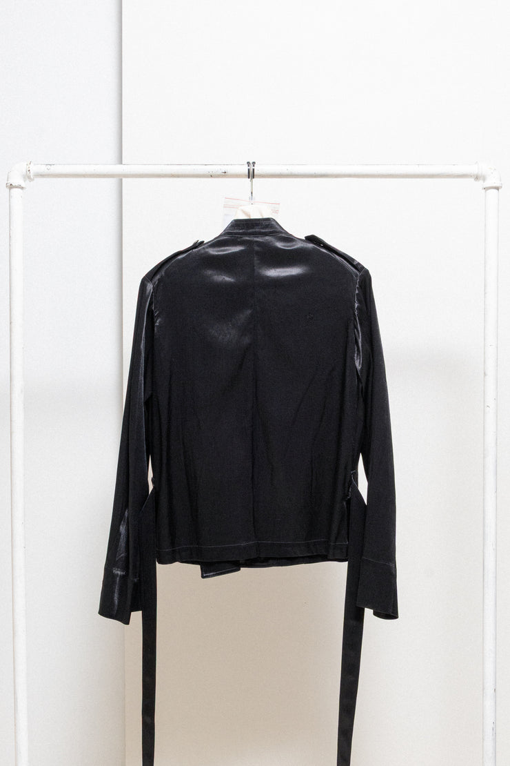 ANN DEMEULEMEESTER - SS02 Cotton blend satin officer jacket with decorated metal buttons and belt (runway)