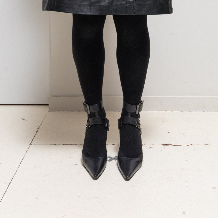 ALICE AUAA - Leather knife pumps with buckled straps and signature metal bat ring