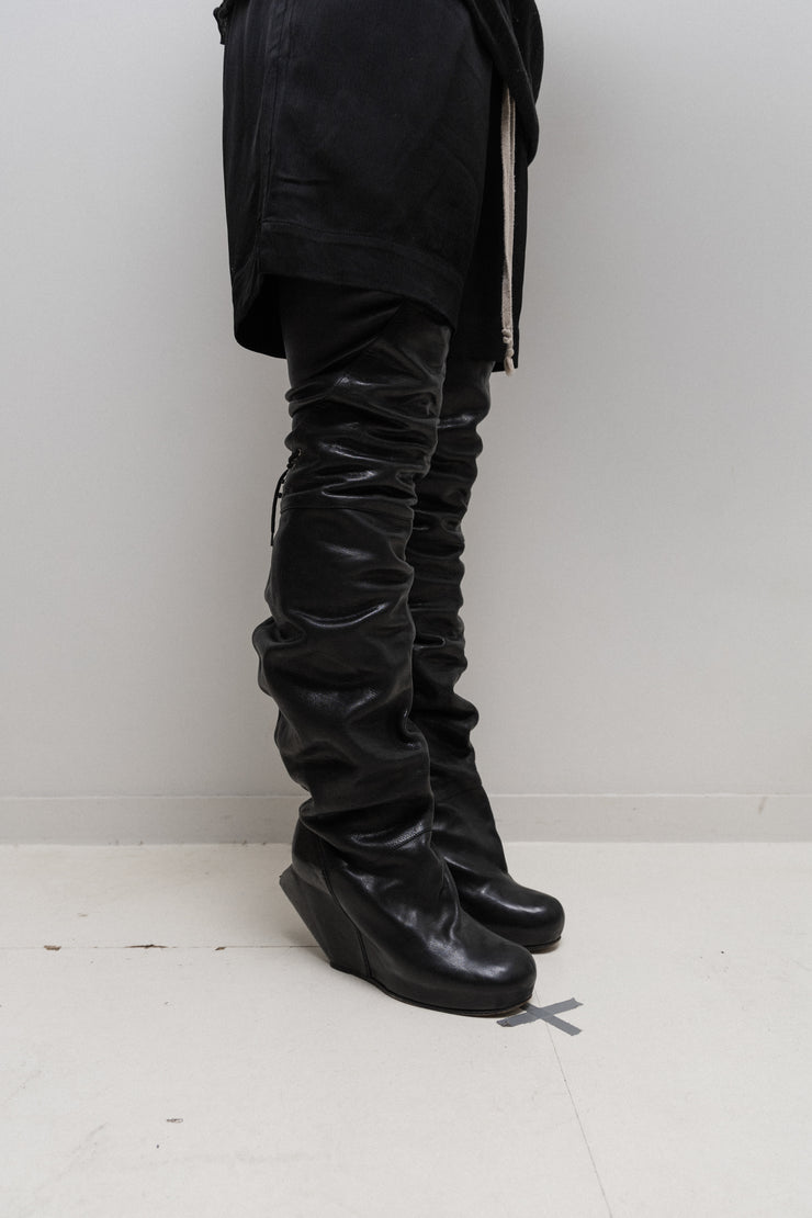 RICK OWENS - FW08 "STAG" Thigh high turbo wedge leather boots (runway)