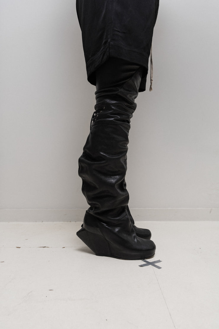 RICK OWENS - FW08 "STAG" Thigh high turbo wedge leather boots (runway)