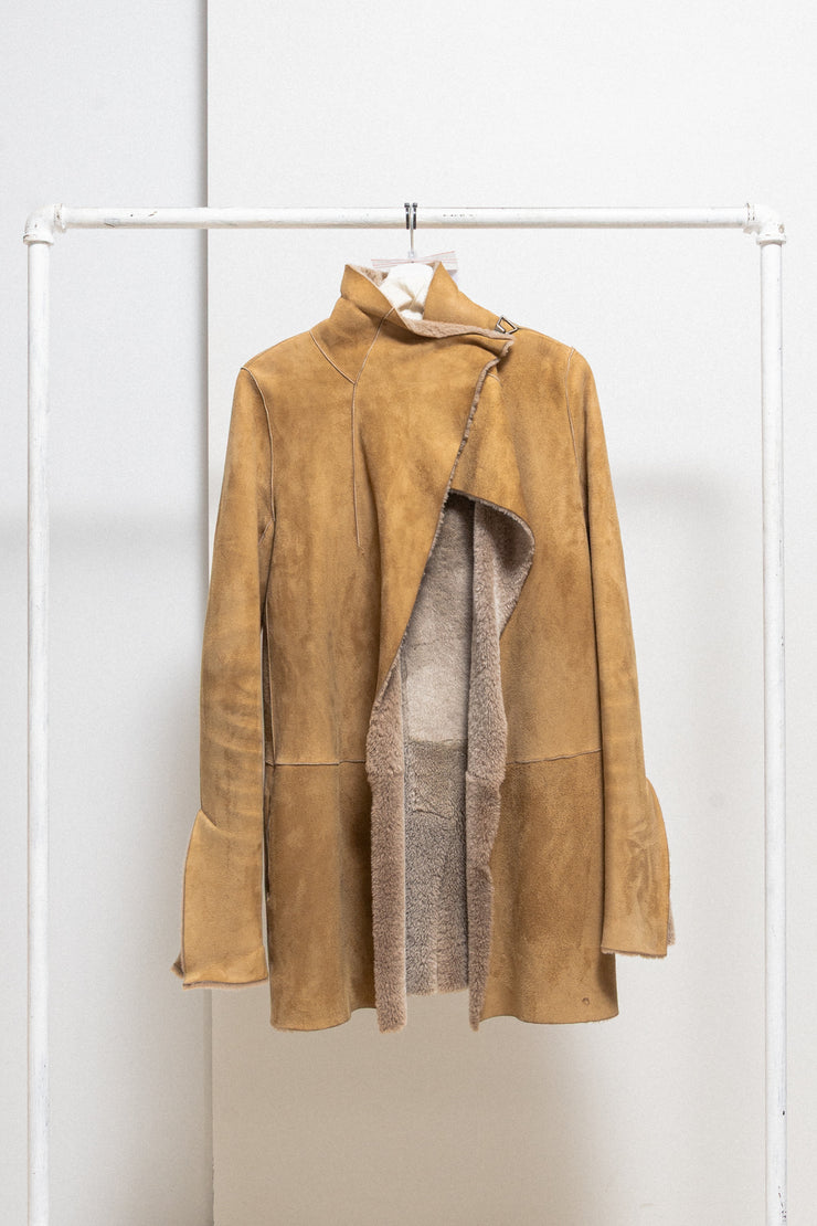RICK OWENS FOR REVILLON - FW04 Shearling suede leather coat with cuff slits and collar closure
