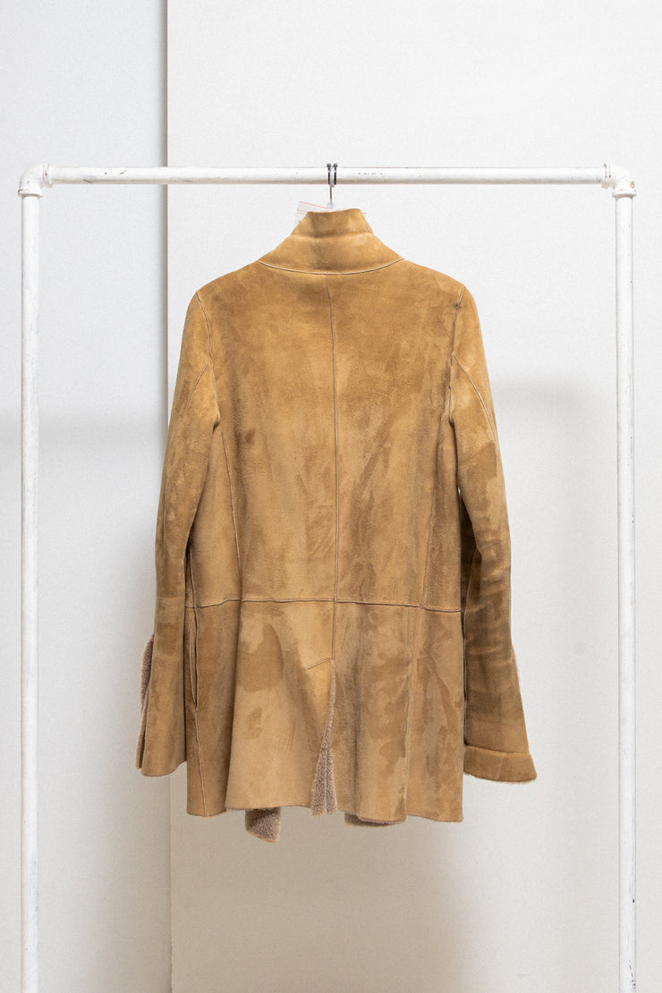 RICK OWENS FOR REVILLON - FW04 Shearling suede leather coat with cuff slits and collar closure