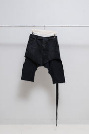 RICK OWENS SLAB - Thrashed denim skirt with long waist strap (sample)