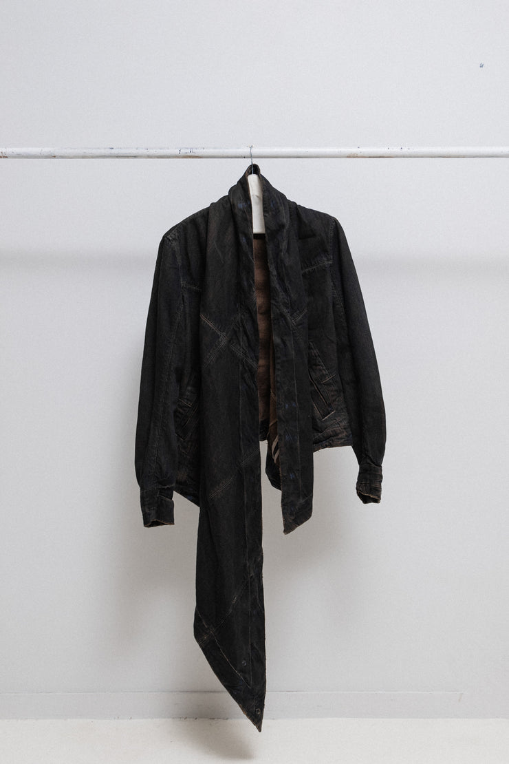 RICK OWENS SLAB - FW04 Black wax coated denim jacket with a long side panel (PROTO)