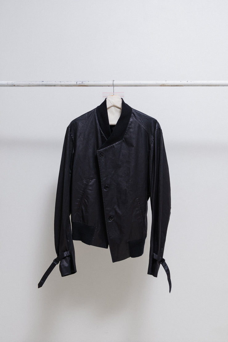 ANN DEMEULEMEESTER - SS07 Coated cotton jacket with cuff straps and bias button up closure (runway)