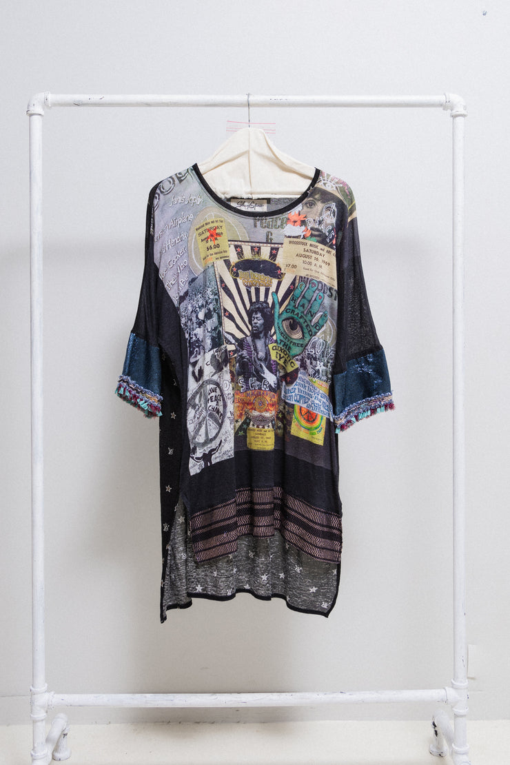 SHARE SPIRIT - Jimi Hendrix Woodstock printed tunic with hem decorations