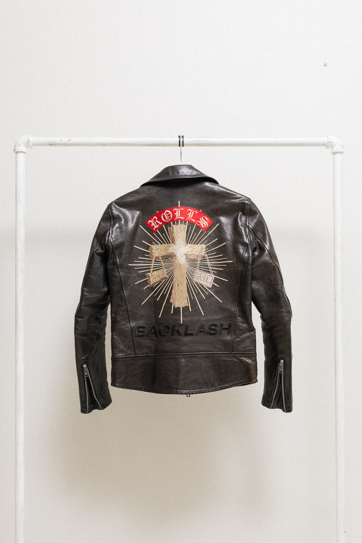 ISAMU KATAYAMA BACKLASH x ROLLS - Back embroidered goat leather perfecto jacket