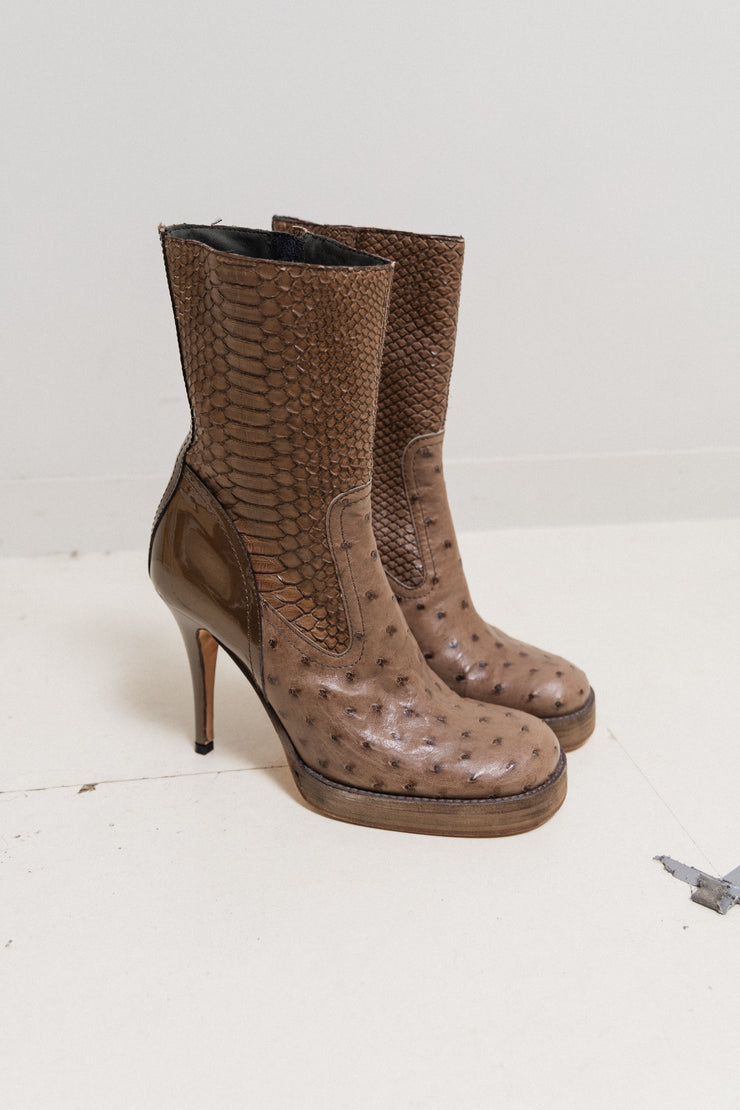 RICK OWENS x REVILLON - FW04 Python skin and ostrich leather ankle boots