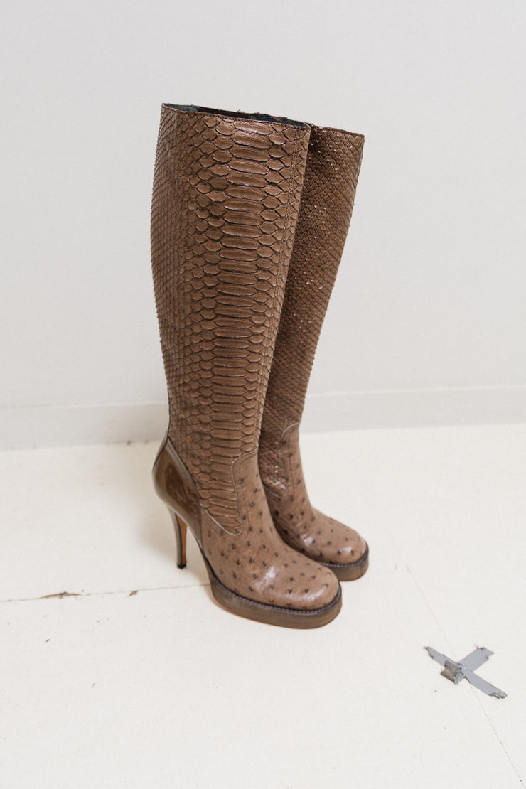 RICK OWENS x REVILLON - FW04 Python skin and ostrich leather knee high boots