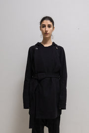 RICK OWENS - FW09 CRUST Virgin wool hooded coat with cuff zipper pockets and belt (runway)