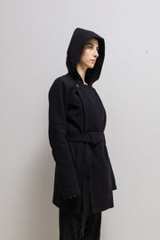 RICK OWENS - FW09 CRUST Virgin wool hooded coat with cuff zipper pockets and belt (runway)