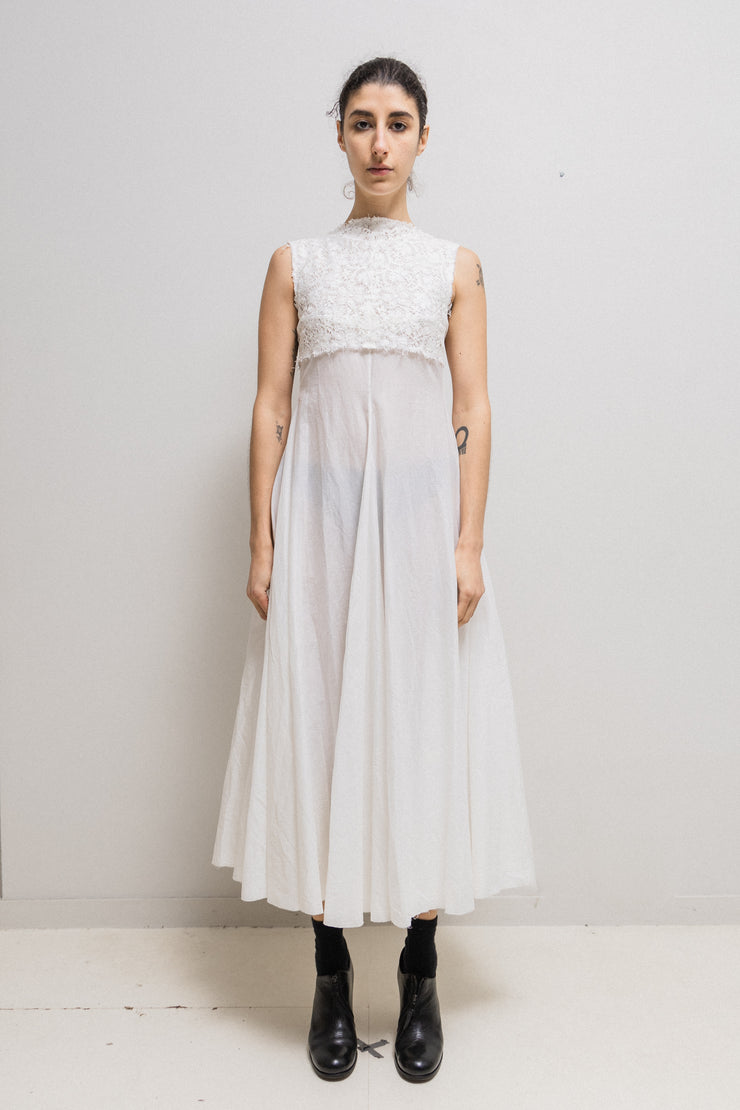 MARC LE BIHAN - Maxi cotton dress with upper lace layer and raw cut edges