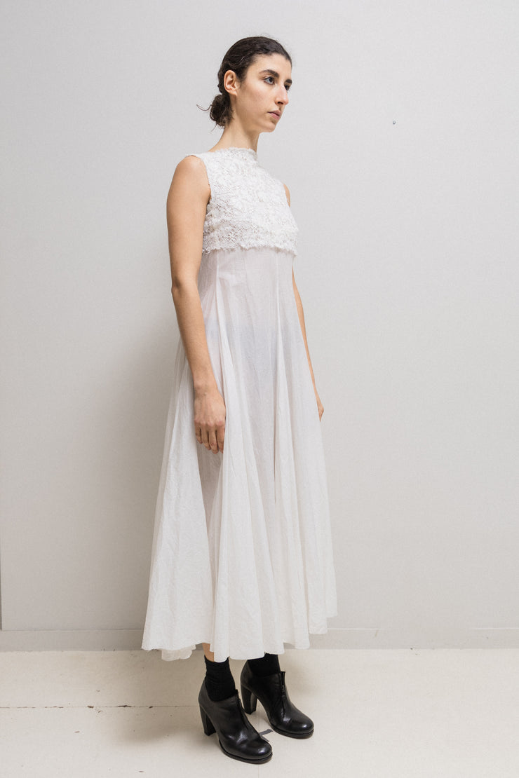 MARC LE BIHAN - Maxi cotton dress with upper lace layer and raw cut edges