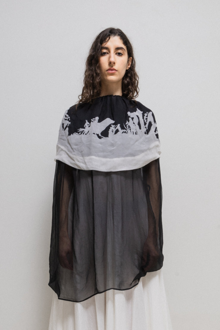 ANN DEMEULEMEESTER - FW07 Silk double layer cape/top with pattern inspired by Kara Walker and a strap closure (NWT)