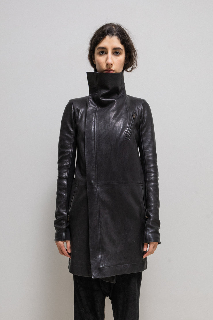 RICK OWENS - FW13 "PLINTH" High neck lamb leather coat with ribbed inner arms