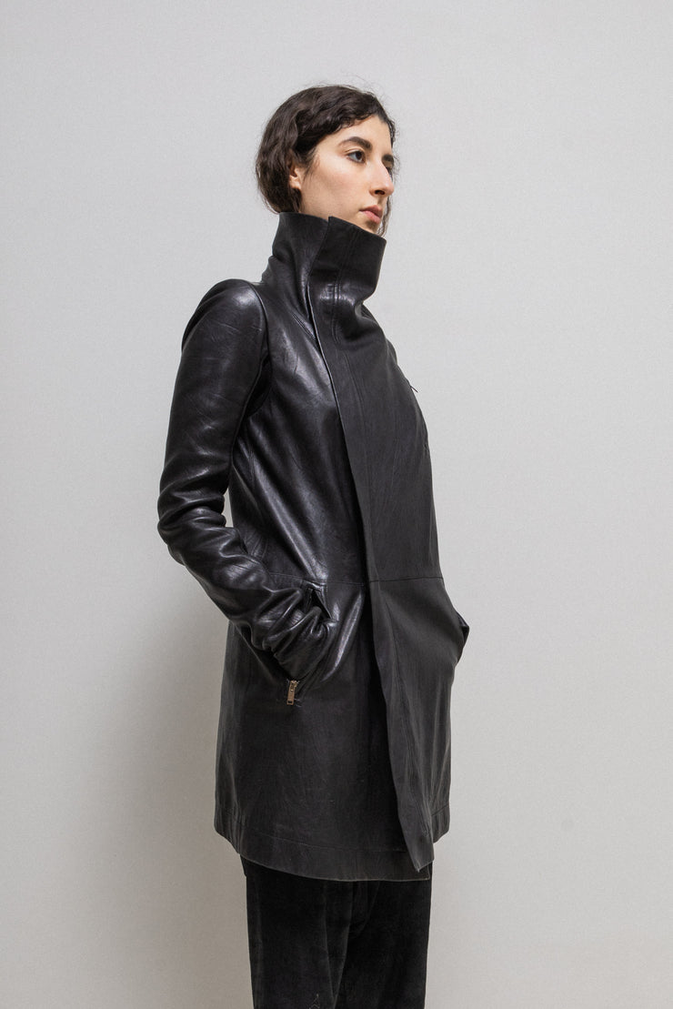 RICK OWENS - FW13 "PLINTH" High neck lamb leather coat with ribbed inner arms