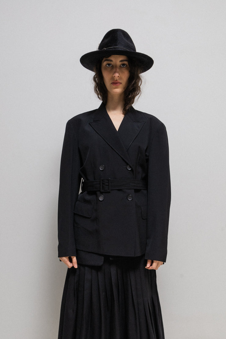 YOHJI YAMAMOTO - Late 80’s / Early 90’s Double breasted gabardine wool jacket with padded shoulders and belt