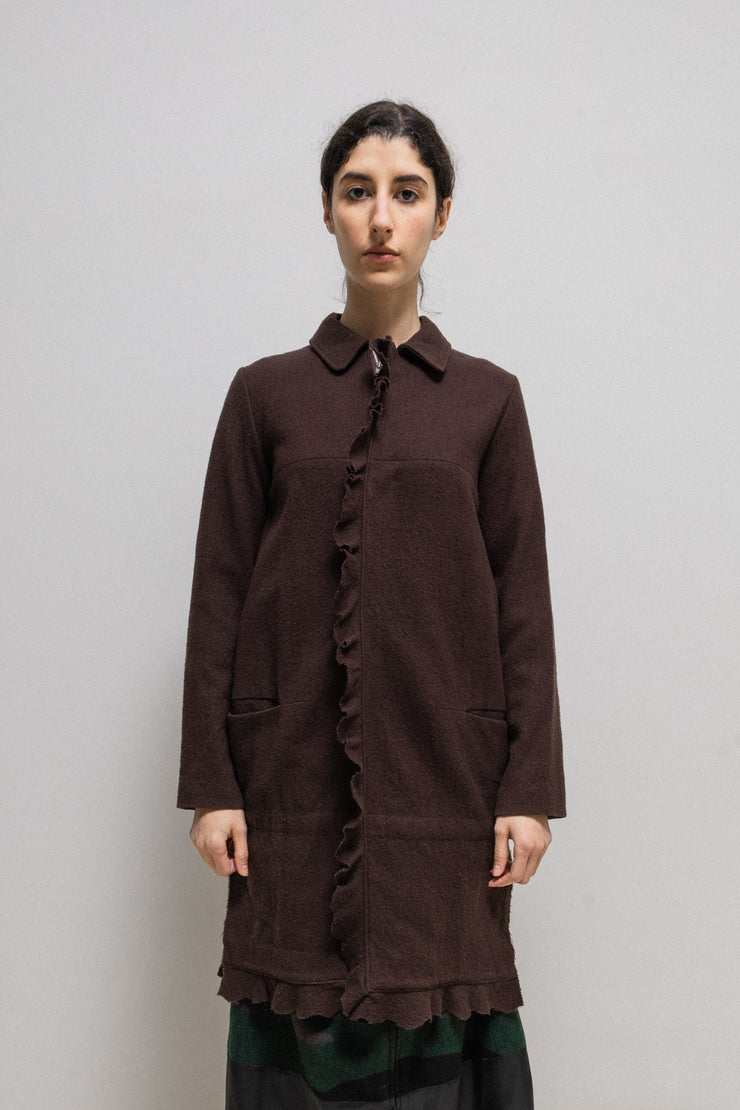 UNDERCOVER - FW02 “Witch’s cell division” Burgundy wool coat with frilled closure and back straps