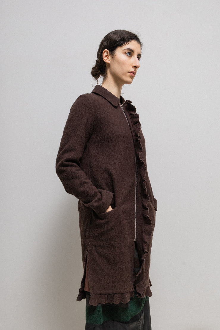 UNDERCOVER - FW02 “Witch’s cell division” Burgundy wool coat with frilled closure and back straps