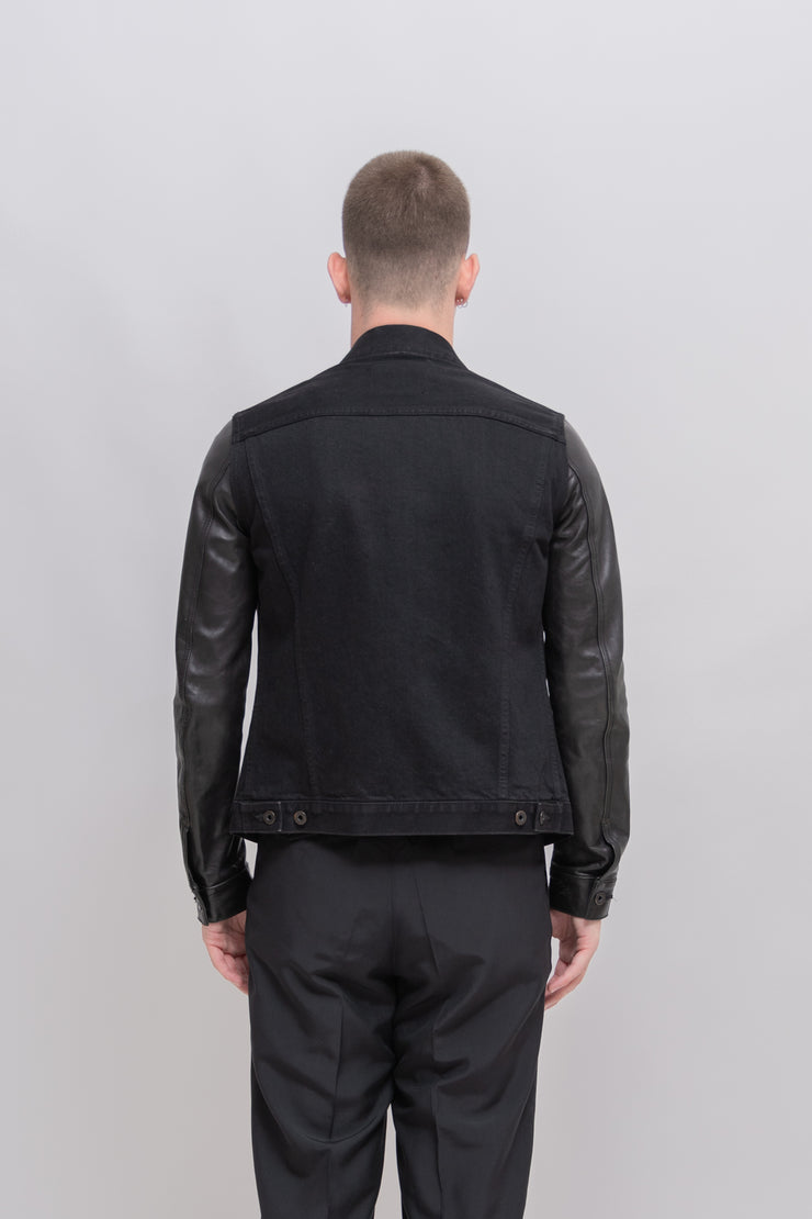 ISAMU KATAYAMA BACKLASH - Button up denim jacket with leather sleeves
