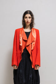 ANN DEMEULEMEESTER - SS05 Red orange cotton blend jacket with satin collar and pleated inner panels (runway)