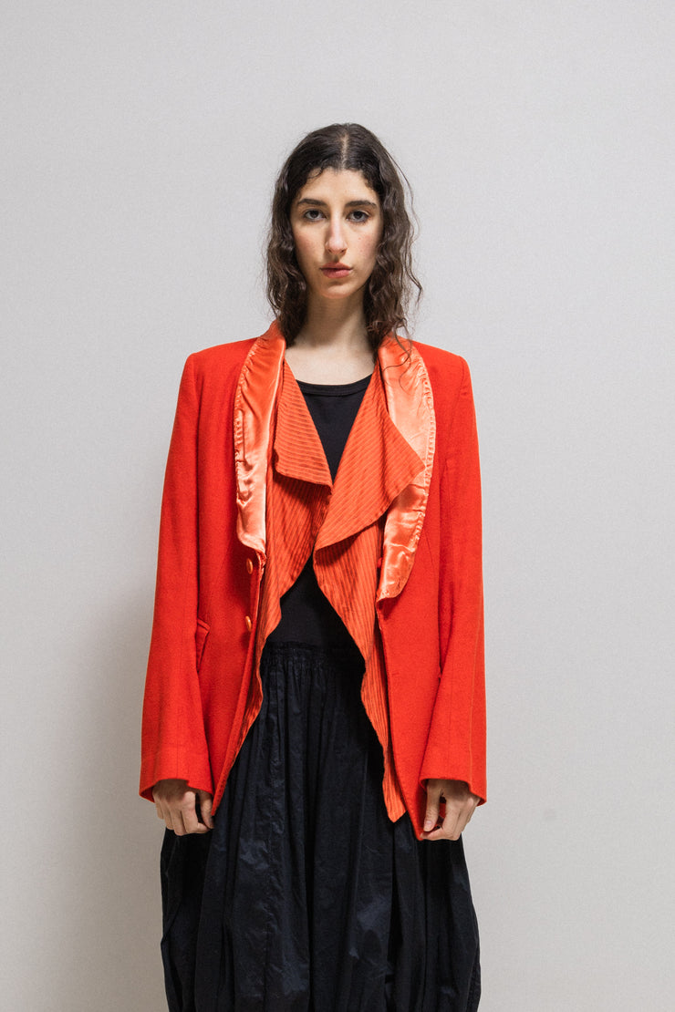 ANN DEMEULEMEESTER - SS05 Red orange cotton blend jacket with satin collar and pleated inner panels (runway)