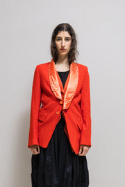 ANN DEMEULEMEESTER - SS05 Red orange cotton blend jacket with satin collar and pleated inner panels (runway)