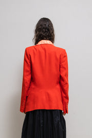 ANN DEMEULEMEESTER - SS05 Red orange cotton blend jacket with satin collar and pleated inner panels (runway)