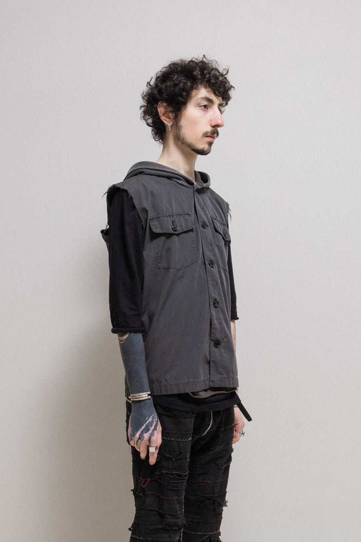 UNDERCOVER - SS03 « SCAB » Sleeveless cotton hooded vest with Sedition’s Earthbeat logo back print and Giz buttons