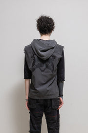 UNDERCOVER - SS03 « SCAB » Sleeveless cotton hooded vest with Sedition’s Earthbeat logo back print and Giz buttons