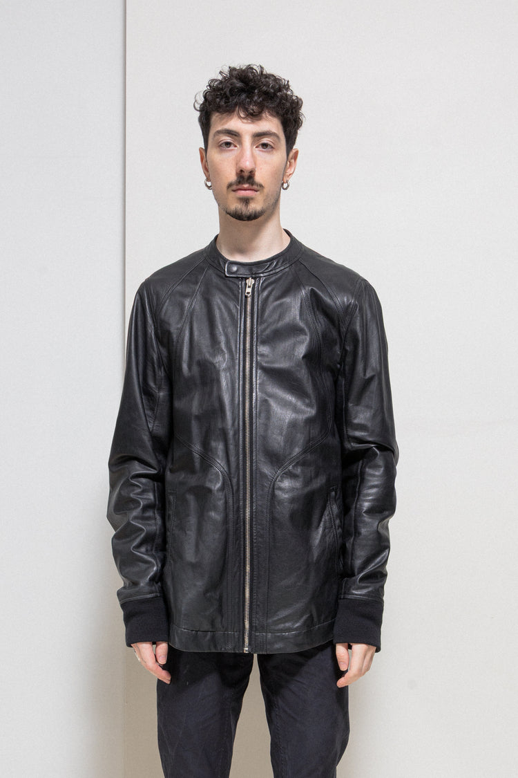 レザージュケット　Rickowens RICK OWENS - Intarsia leather jacket with knitted cuffs – L'OBSCUR
