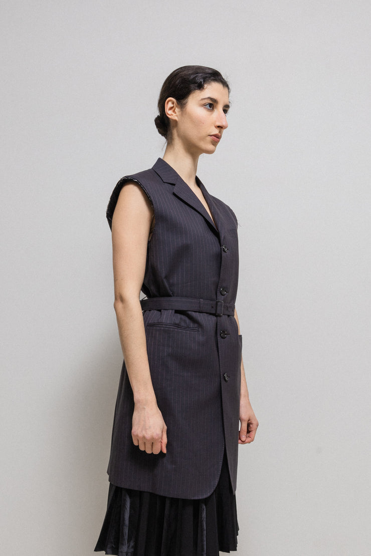 JUNYA WATANABE - SS22 Stripped sleeveless jacket with back slit and belt