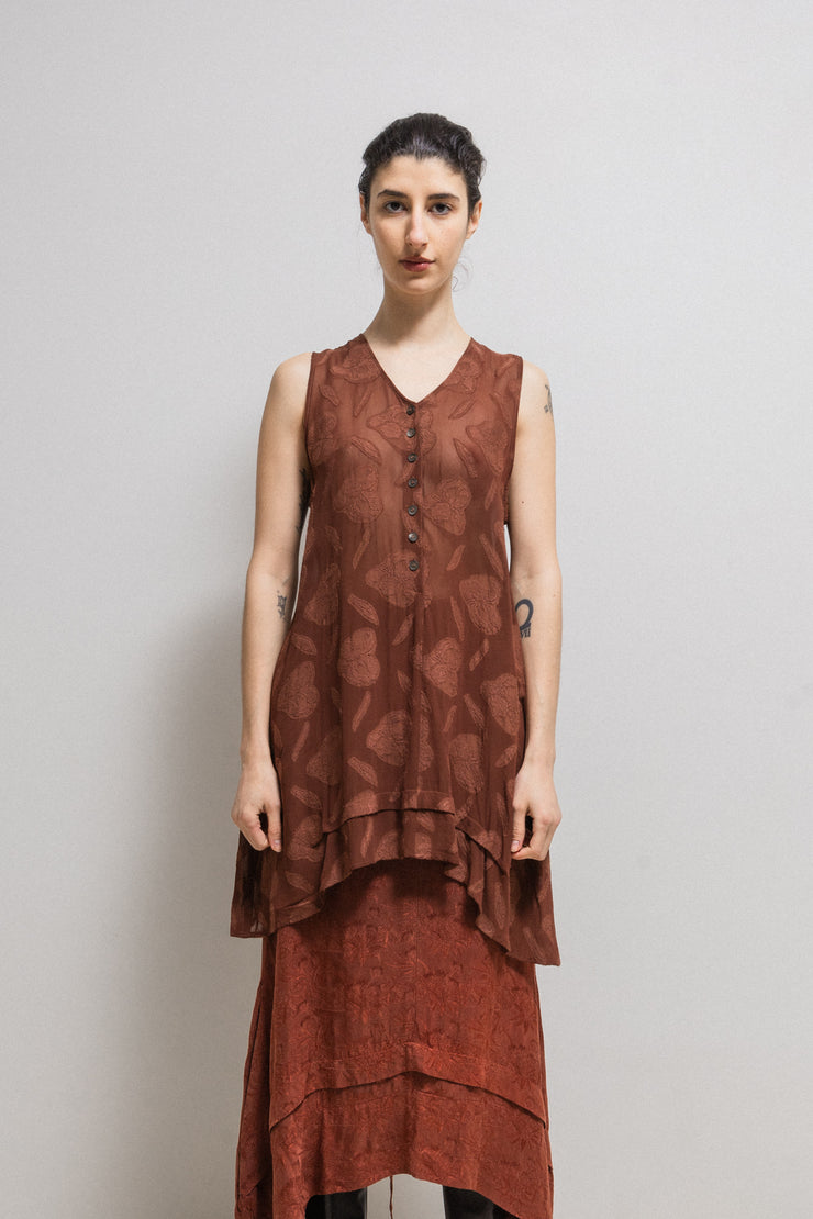 (New arrival) ANN DEMEULEMEESTER - 1993 / 94 Sheer tunic with longer sides and floral pattern