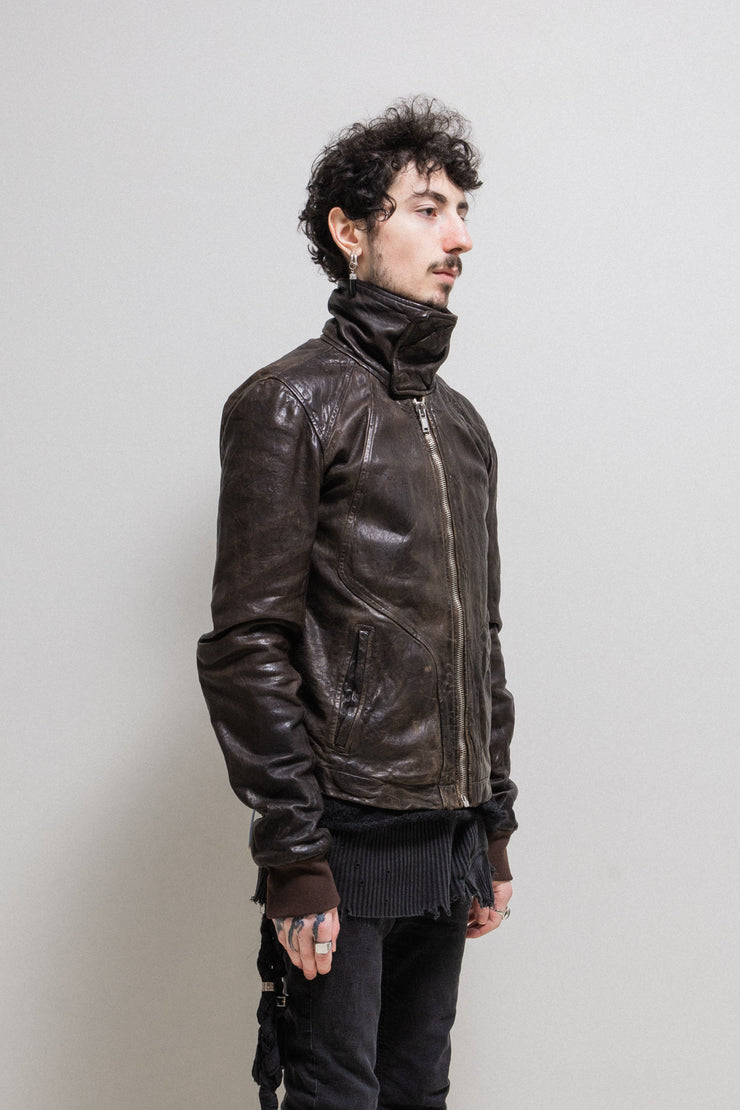 (New Arrival) RICK OWENS - FW08 "STAG" Lamb leather Intarsia jacket with knitted cuffs and high collar