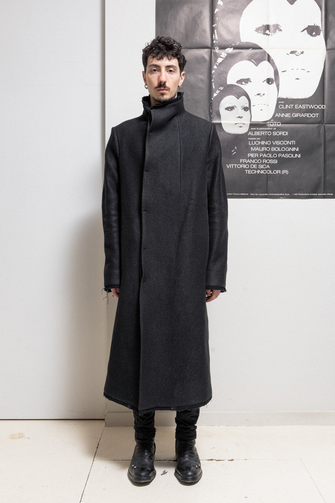 BORIS BIDJAN SABERI - Heavy wool and linen long coat with frayed