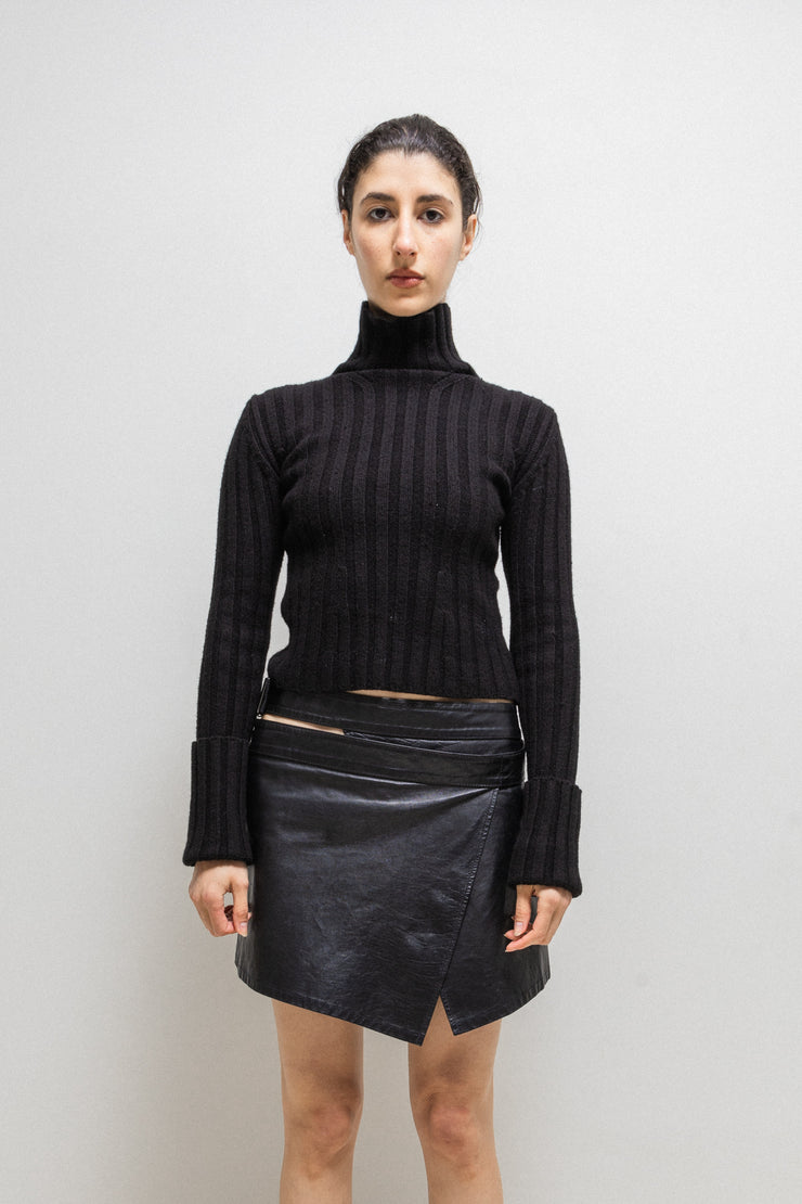 ANN DEMEULEMEESTER - FW00 Wool blend ribbed turtleneck with rolled up cuffs