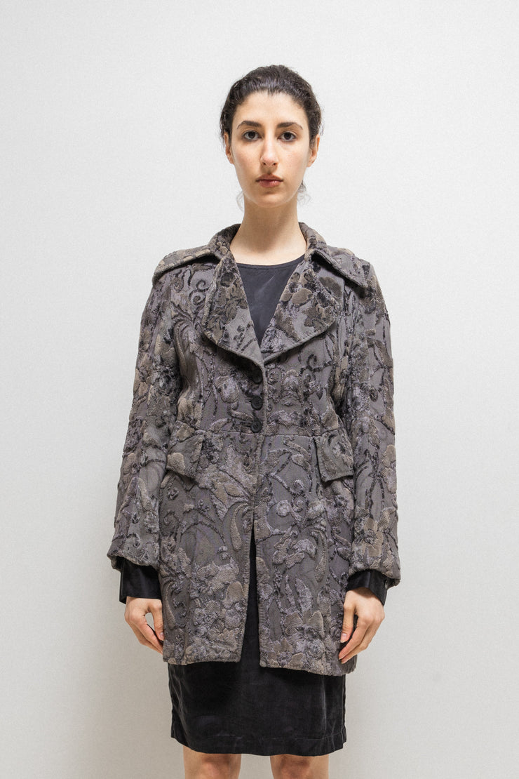 ANN DEMEULEMEESTER - FW94 Grey brown coat with textured velvet floral pattern (runway)
