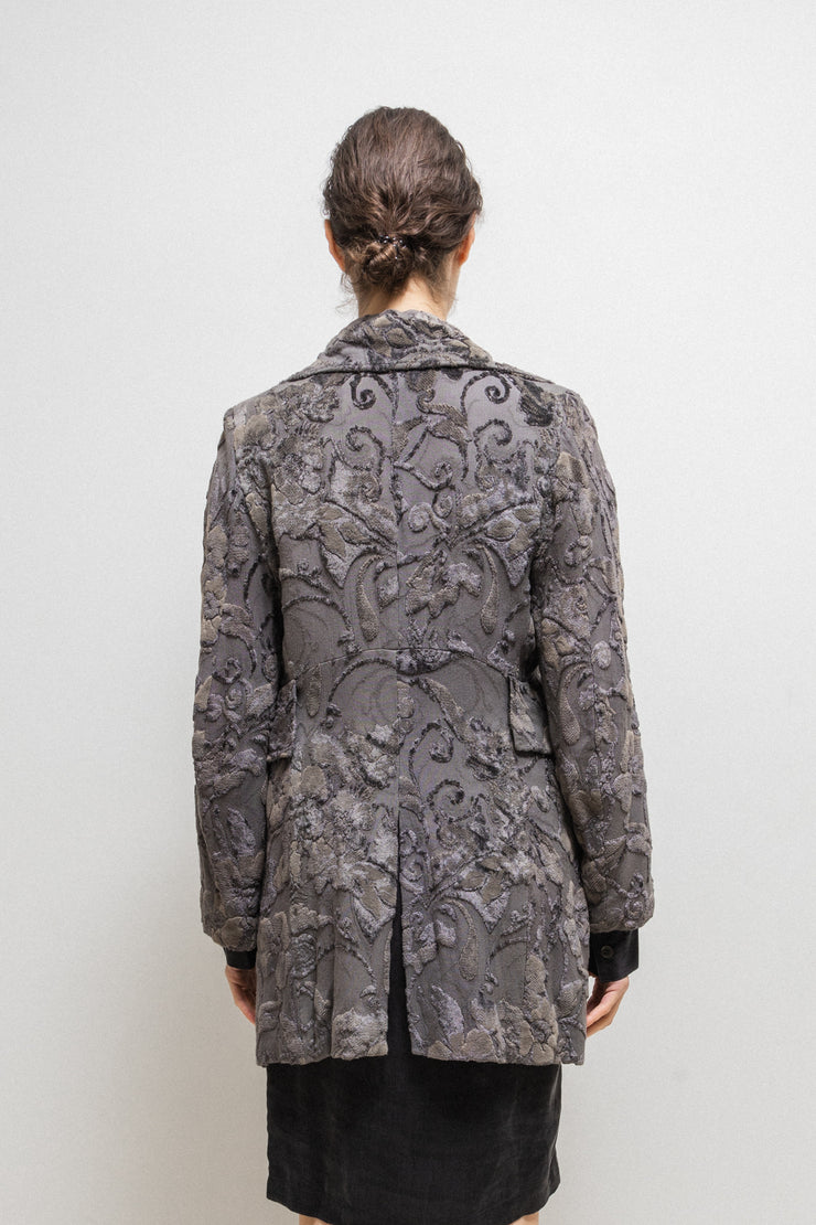 ANN DEMEULEMEESTER - FW94 Grey brown coat with textured velvet floral pattern (runway)