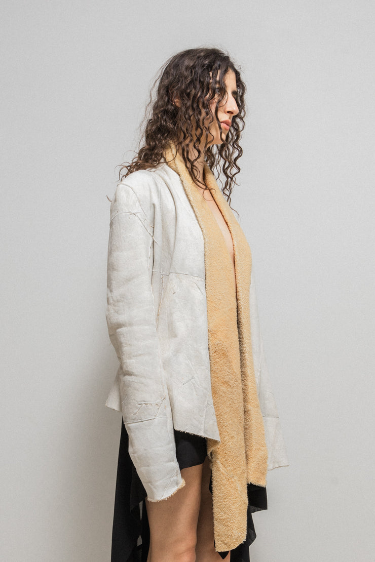 RICK OWENS - FW03 "TRUCKER" Shearling leather jacket with long sides (runway)