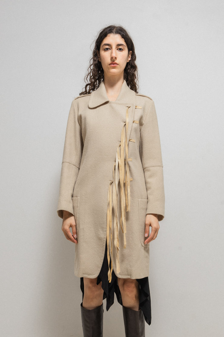 ANN DEMEULEMEESTER - FW02 Fleece wool coat with leather straps closure