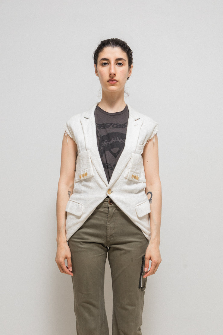 UNDERCOVER - SS03 "SCAB" Woven vest with ethnic collar and faux sewn on sleeves (runway)