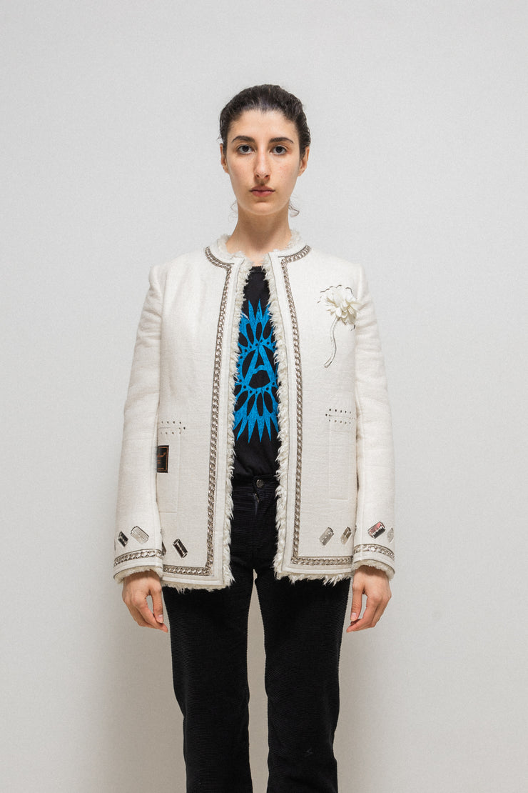 UNDERCOVER - FW05 "Arts and Crafts" Felt jacket with faux fur lining, razors and chain details (runway)